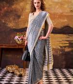 blue art silk printed saree with floral print