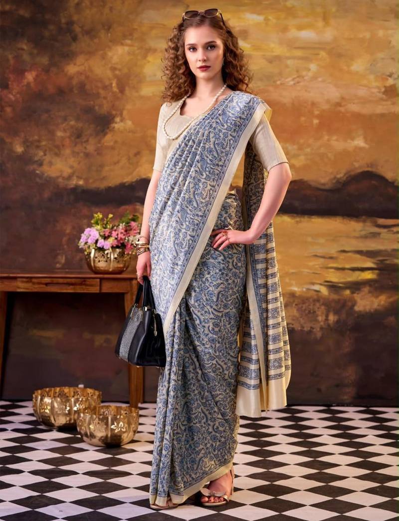 blue art silk printed saree with floral print