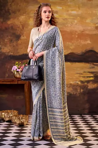 blue art silk printed saree with floral print