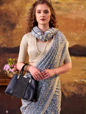blue art silk printed saree with floral print 4