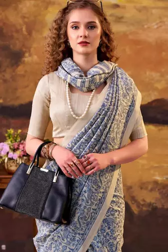blue art silk printed saree with floral print