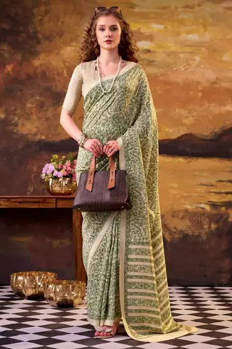 olive art silk printed saree with floral print