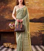 olive art silk printed saree with floral print