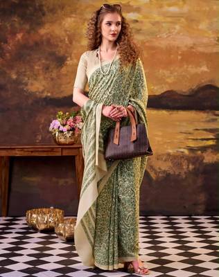 olive art silk printed saree with floral print 2