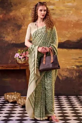 olive art silk printed saree with floral print