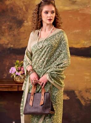 olive art silk printed saree with floral print 4