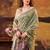 olive art silk printed saree with floral print