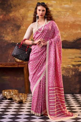 pink art silk printed saree with floral print