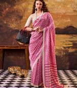 pink art silk printed saree with floral print