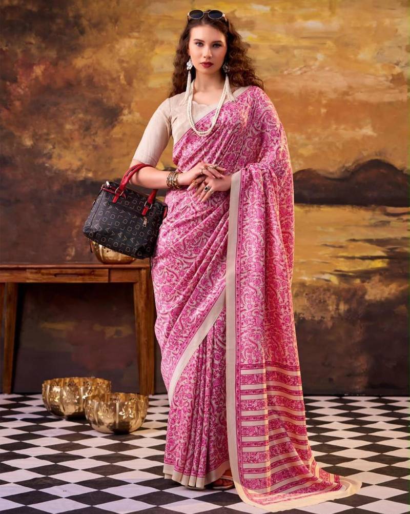 pink art silk printed saree with floral print