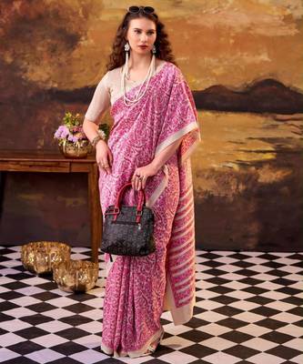 pink art silk printed saree with floral print 2
