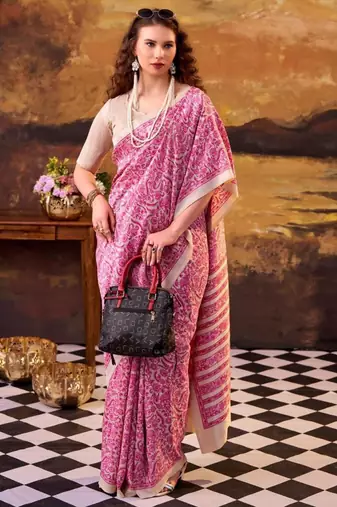 pink art silk printed saree with floral print