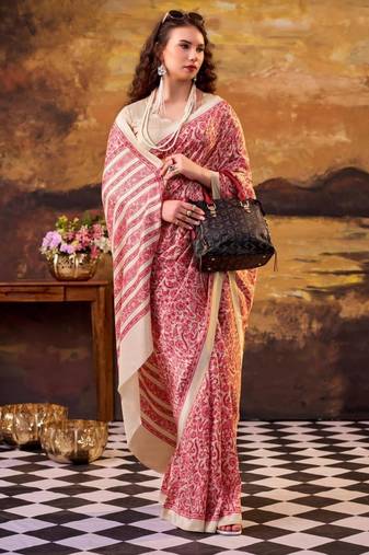 red art silk printed saree with floral print