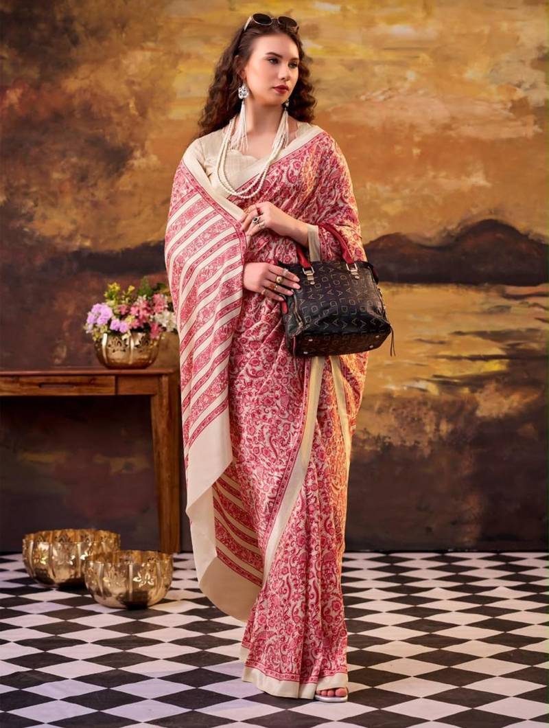 red art silk printed saree with floral print