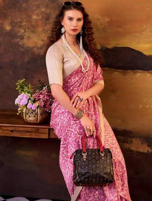 red art silk printed saree with floral print 3