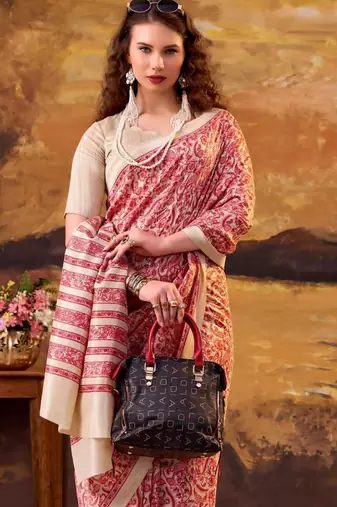 red art silk printed saree with floral print