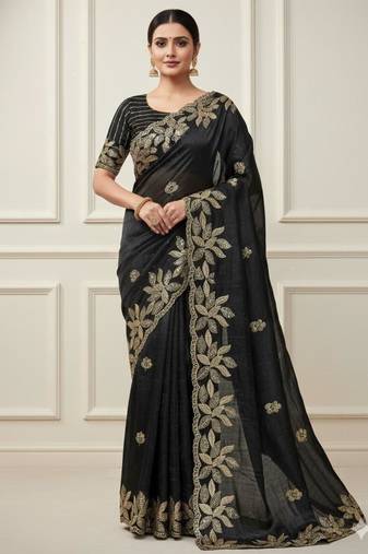 Black silk blend embroidered saree with sequins work