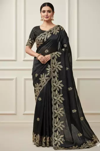 Black silk blend embroidered saree with sequins work