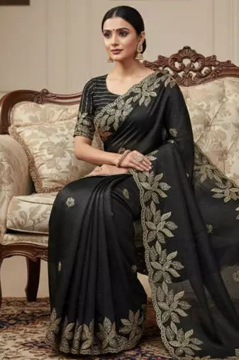 Black silk blend embroidered saree with sequins work