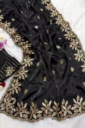 Black silk blend embroidered saree with sequins work
