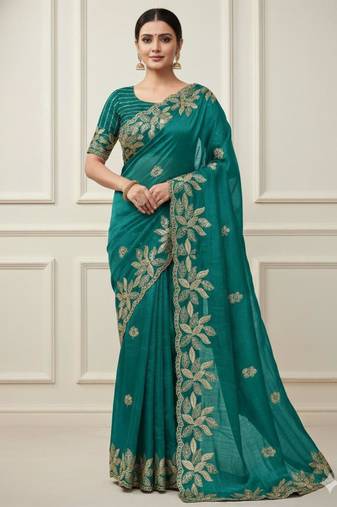 Sea green silk blend embroidered saree with sequins work