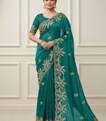 Sea green silk blend embroidered saree with sequins work