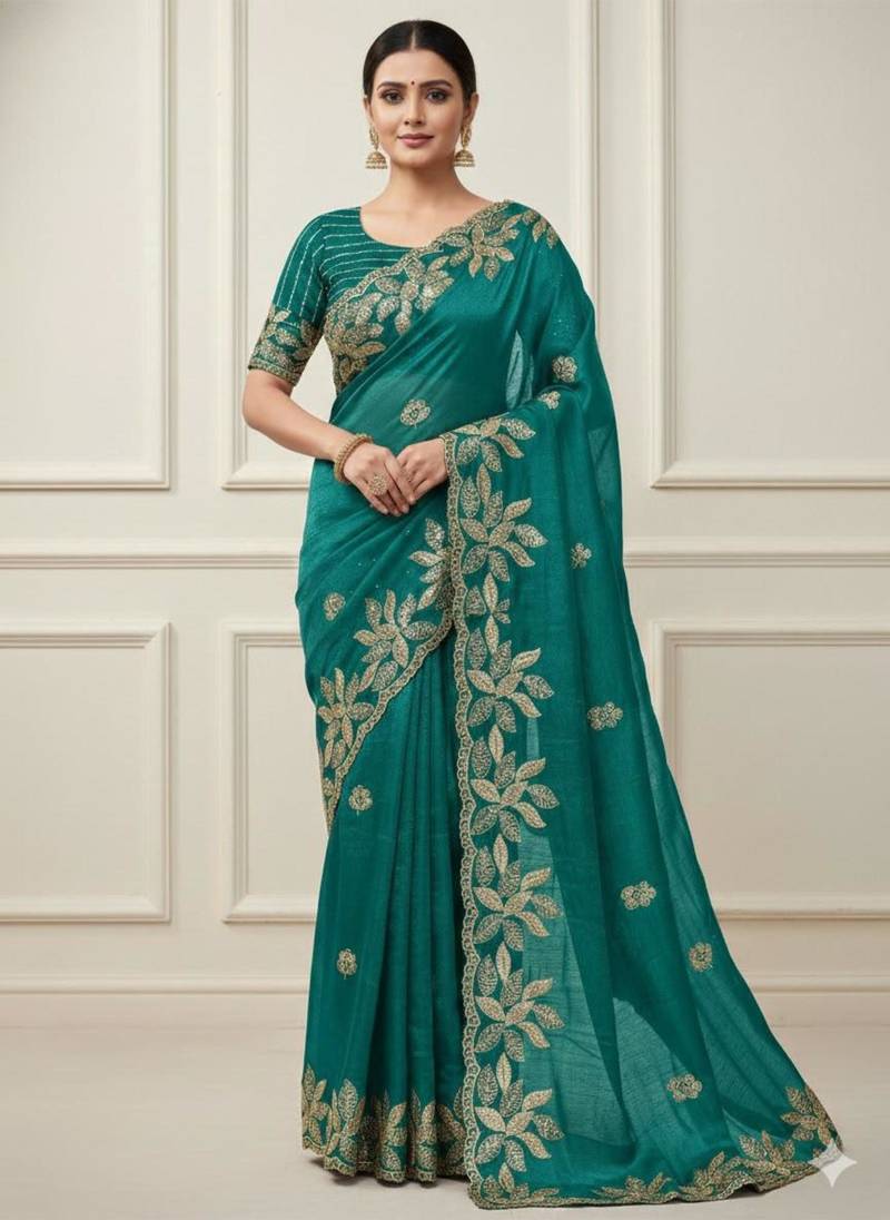 Sea green silk blend embroidered saree with sequins work
