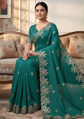 Sea green silk blend embroidered saree with sequins work 2