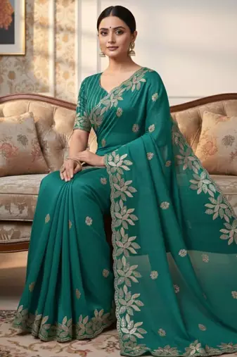 Sea green silk blend embroidered saree with sequins work