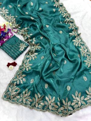 Sea green silk blend embroidered saree with sequins work 3