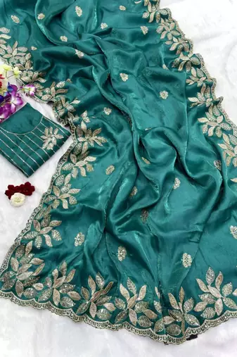 Sea green silk blend embroidered saree with sequins work