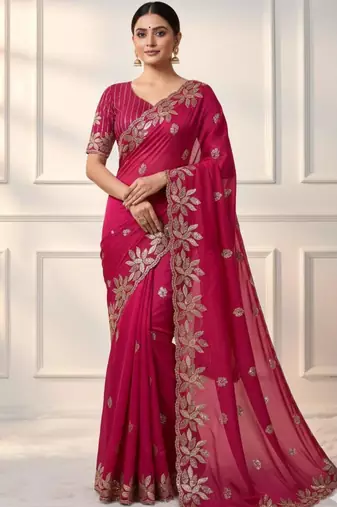Rani pink silk blend embroidered saree with sequins work