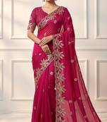 Rani pink silk blend embroidered saree with sequins work