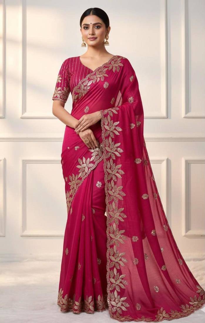 Rani pink silk blend embroidered saree with sequins work
