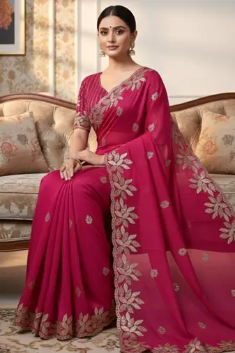 Rani pink silk blend embroidered saree with sequins work