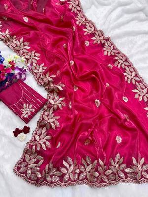 Rani pink silk blend embroidered saree with sequins work 3