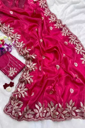 Rani pink silk blend embroidered saree with sequins work