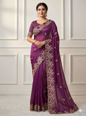 Wine silk blend embroidered saree with sequins work 1