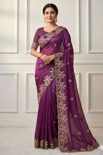 Wine silk blend embroidered saree with sequins work