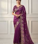 Wine silk blend embroidered saree with sequins work