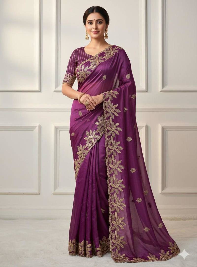 Wine silk blend embroidered saree with sequins work