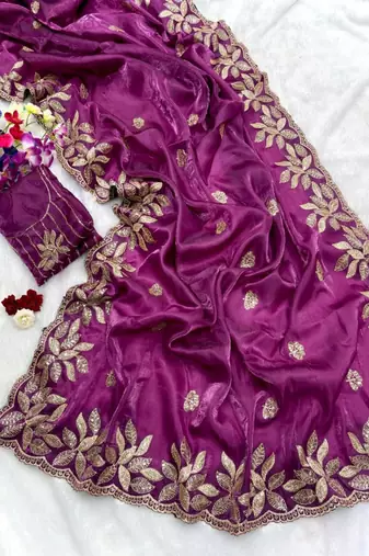 Wine silk blend embroidered saree with sequins work