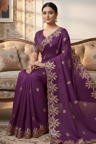 Wine silk blend embroidered saree with sequins work