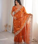 Orange silk blend embroidered saree with thread work