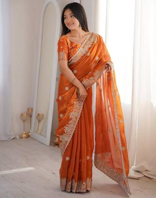 Orange silk blend embroidered saree with thread work 2