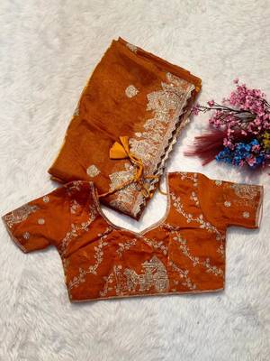 Orange silk blend embroidered saree with thread work 3