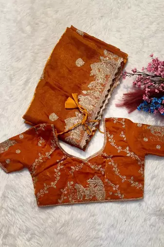 Orange silk blend embroidered saree with thread work