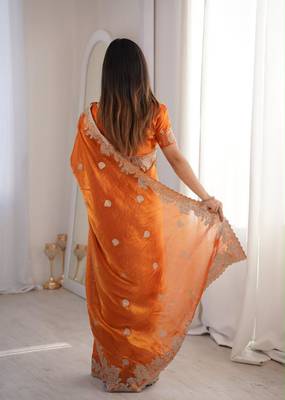 Orange silk blend embroidered saree with thread work 4