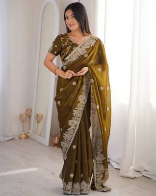 Mehendi silk blend embroidered saree with thread work 1