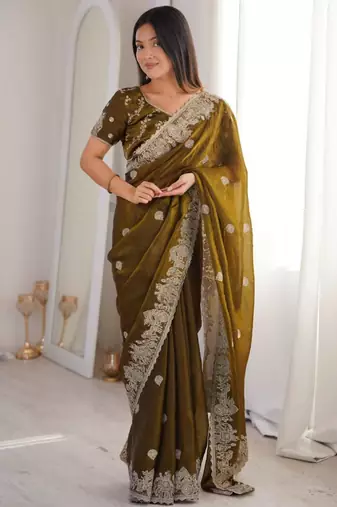 Mehendi silk blend embroidered saree with thread work